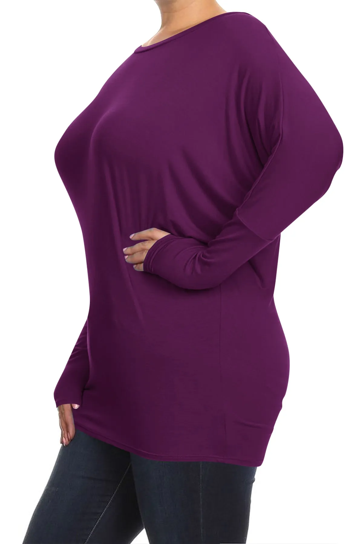 Women's Plus Size Dolman Long Sleeve Solid Loose Fit Tunic Top