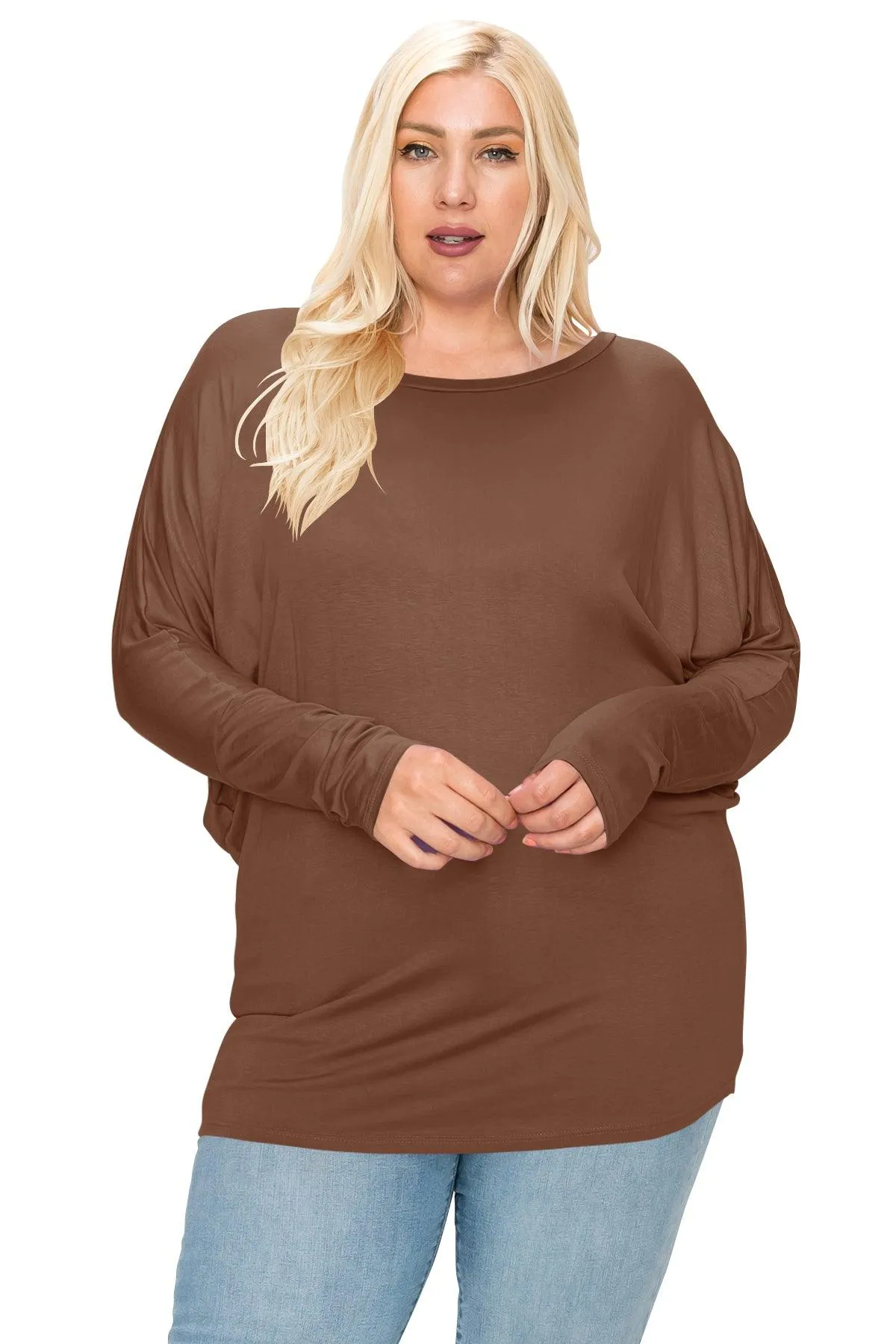 Women's Plus Size Dolman Long Sleeve Solid Loose Fit Tunic Top