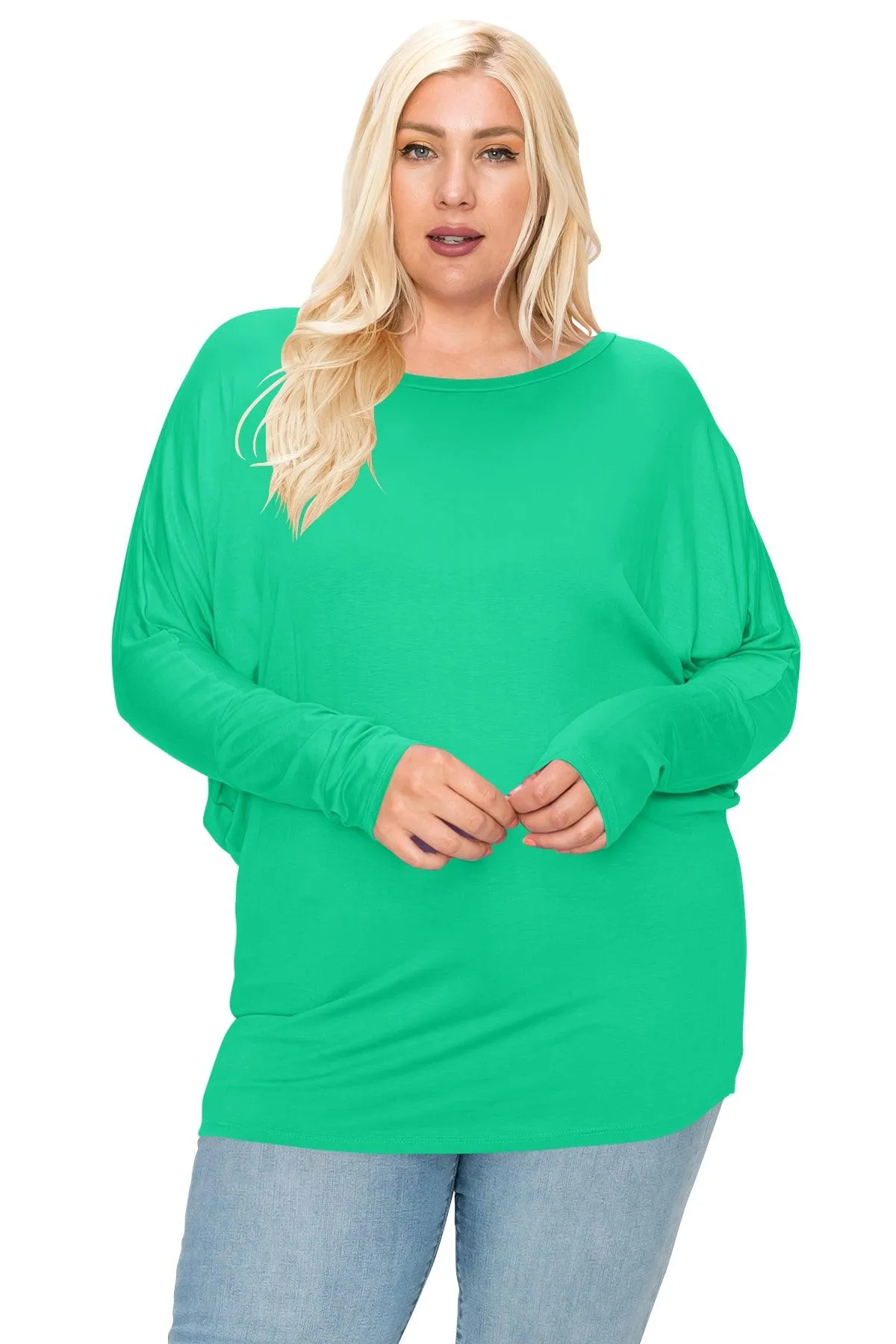 Women's Plus Size Dolman Long Sleeve Solid Loose Fit Tunic Top