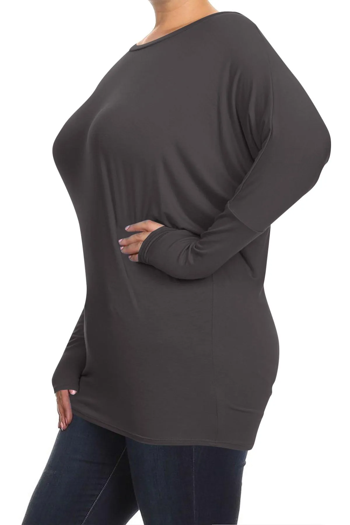 Women's Plus Size Dolman Long Sleeve Solid Loose Fit Tunic Top