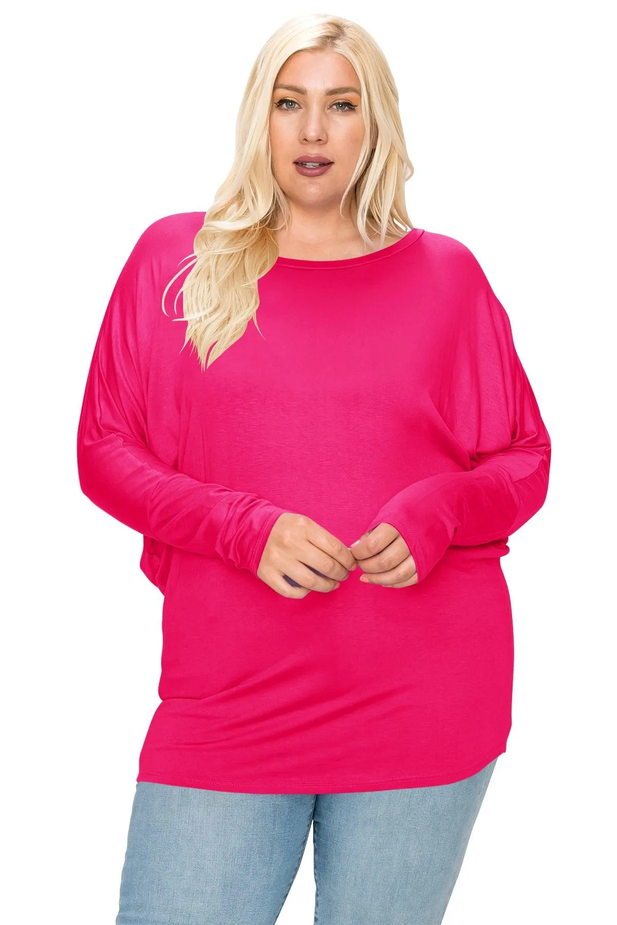 Women's Plus Size Dolman Long Sleeve Solid Loose Fit Tunic Top