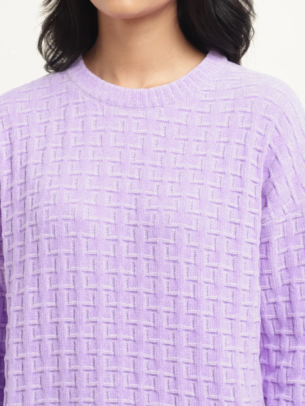 Women's Textured Purple Crew Neck Sweater