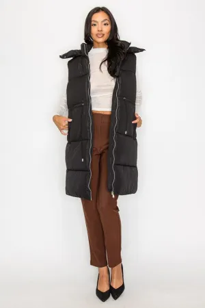 Zip Up Puffer Drawstring Long Vest