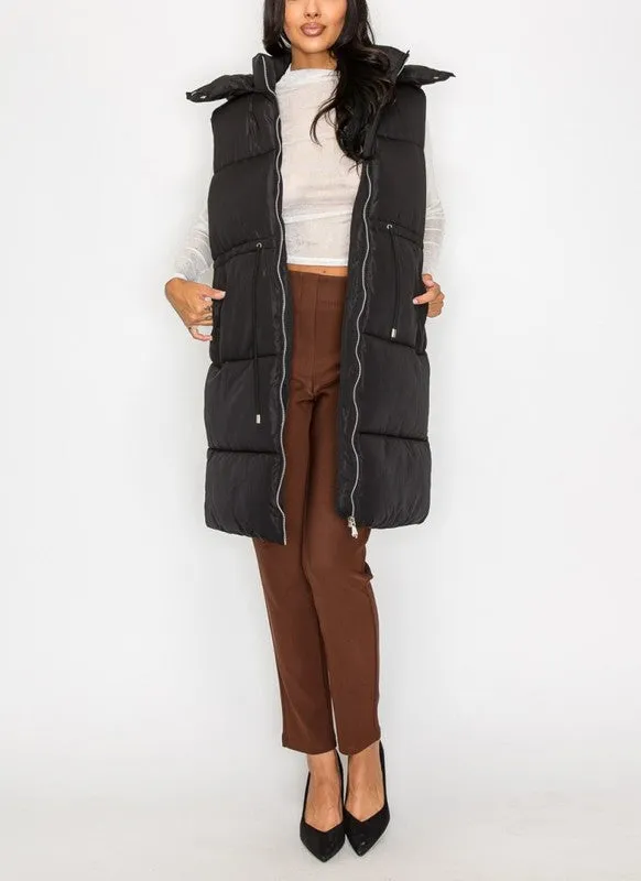 Zip Up Puffer Drawstring Long Vest